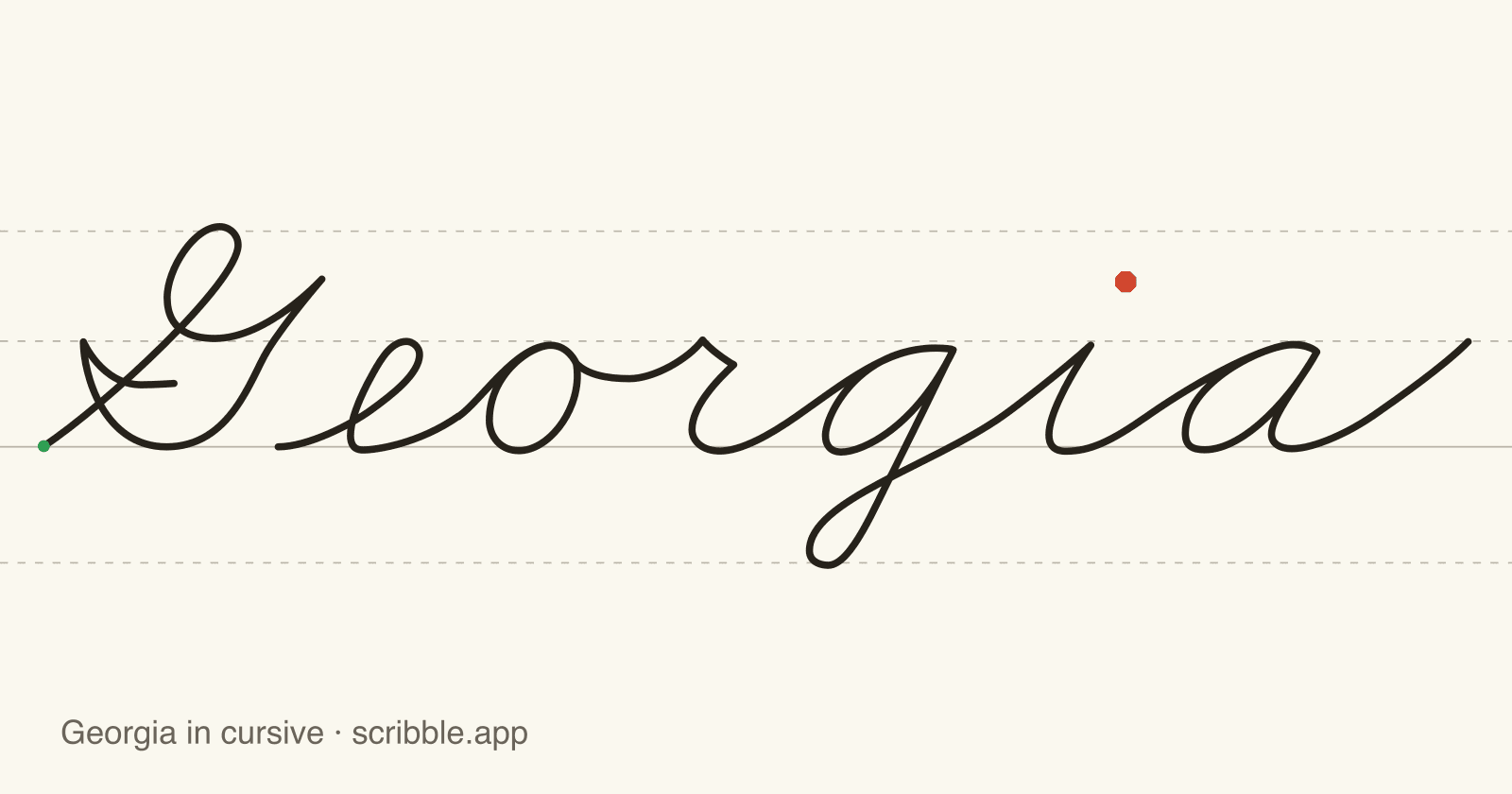 Georgia written in cursive on handwriting guidelines, with a green starting dot and a red stop sign