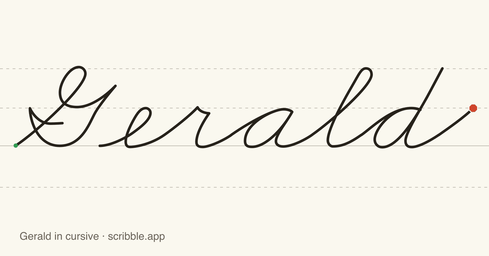 Gerald written in cursive on handwriting guidelines, with a green starting dot and a red stop sign