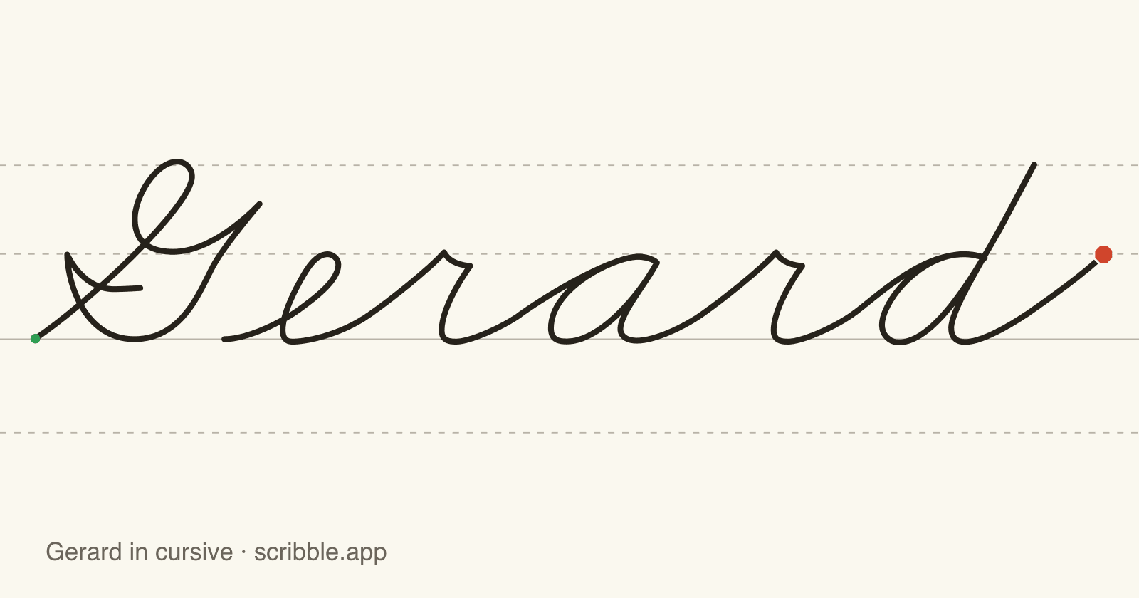 Gerard written in cursive on handwriting guidelines, with a green starting dot and a red stop sign