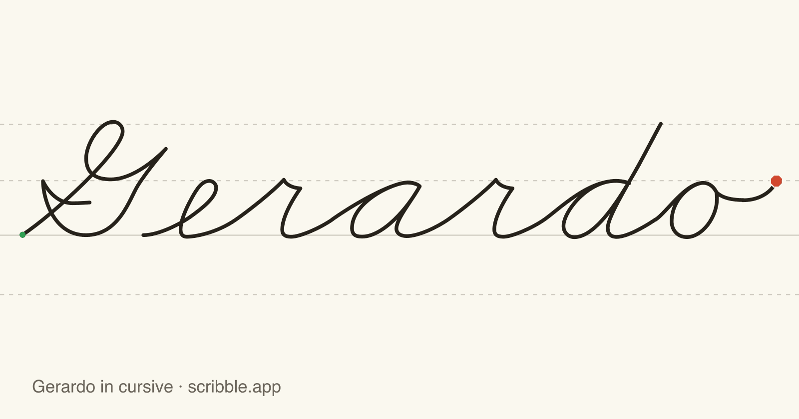 Gerardo written in cursive on handwriting guidelines, with a green starting dot and a red stop sign