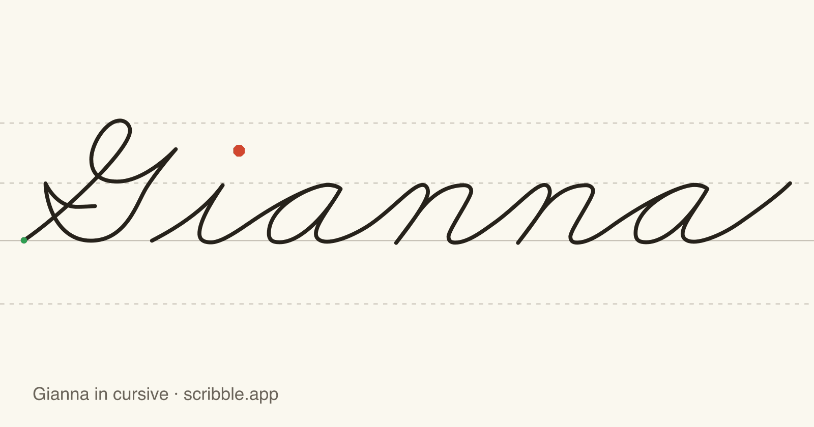 Gianna written in cursive on handwriting guidelines, with a green starting dot and a red stop sign