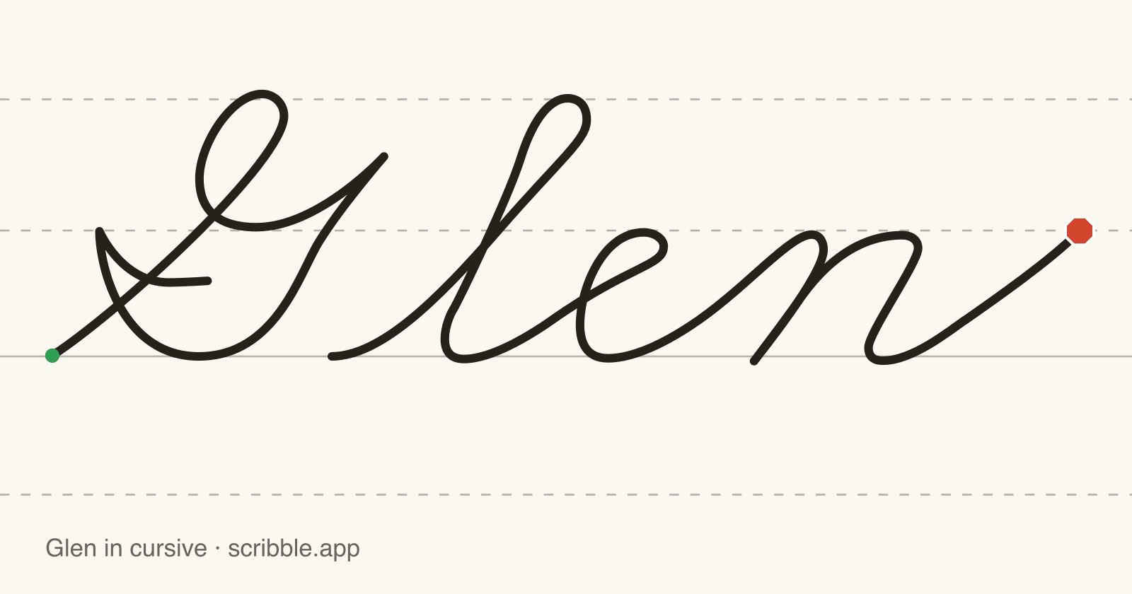Glen written in cursive on handwriting guidelines, with a green starting dot and a red stop sign