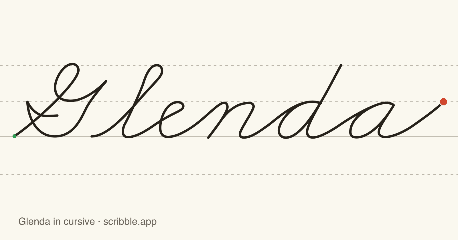 Glenda written in cursive on handwriting guidelines, with a green starting dot and a red stop sign