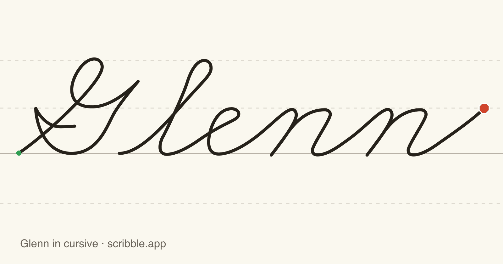 Glenn written in cursive on handwriting guidelines, with a green starting dot and a red stop sign