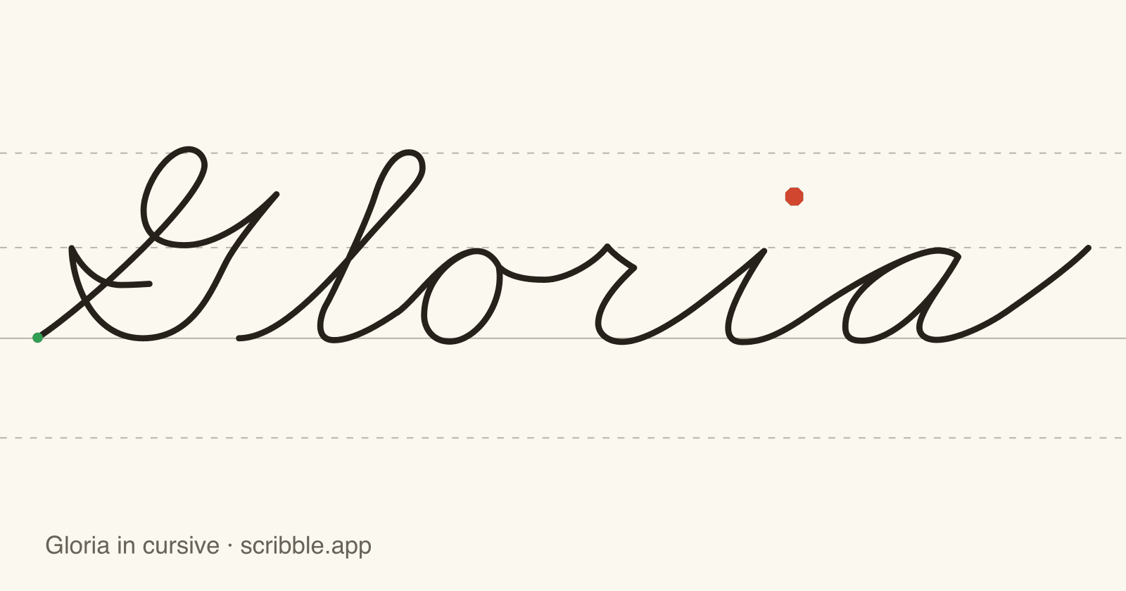 Gloria written in cursive on handwriting guidelines, with a green starting dot and a red stop sign
