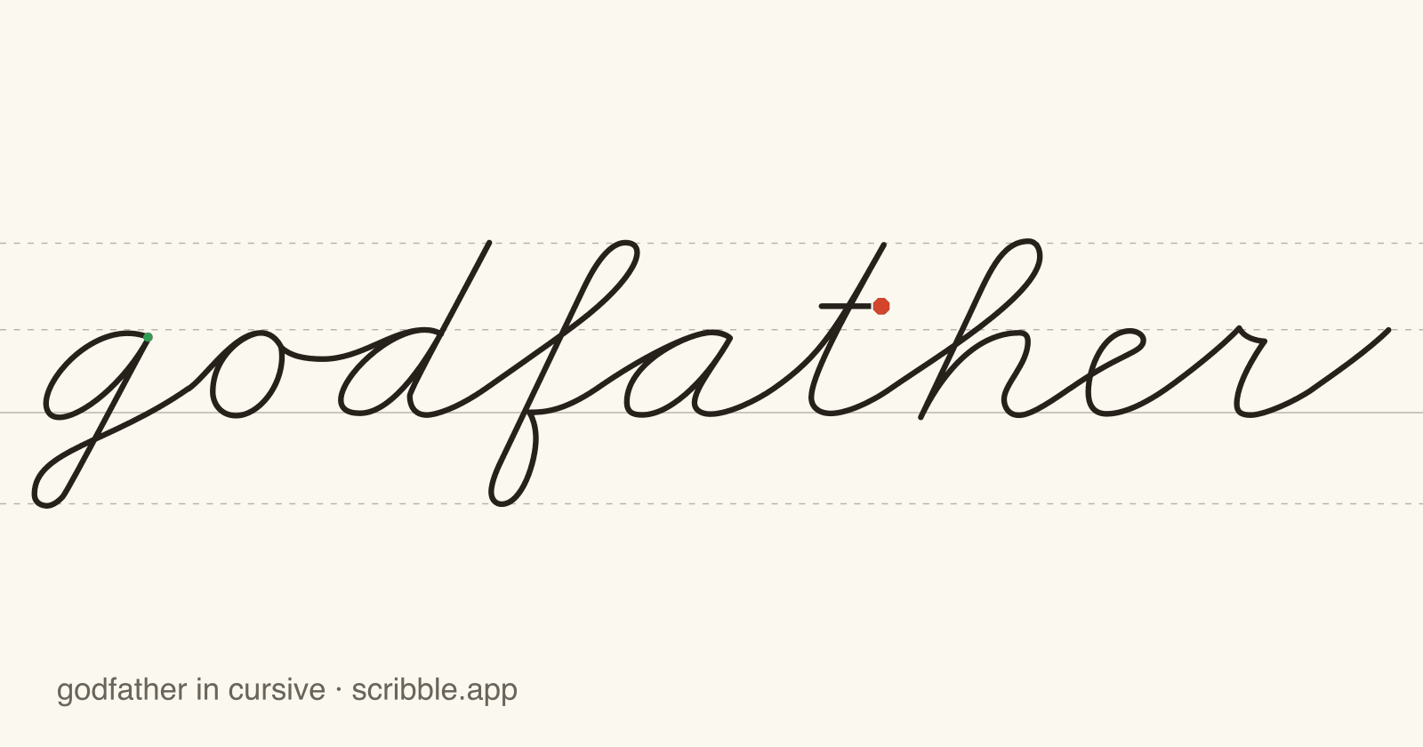 godfather written in cursive on handwriting guidelines, with a green starting dot and a red stop sign