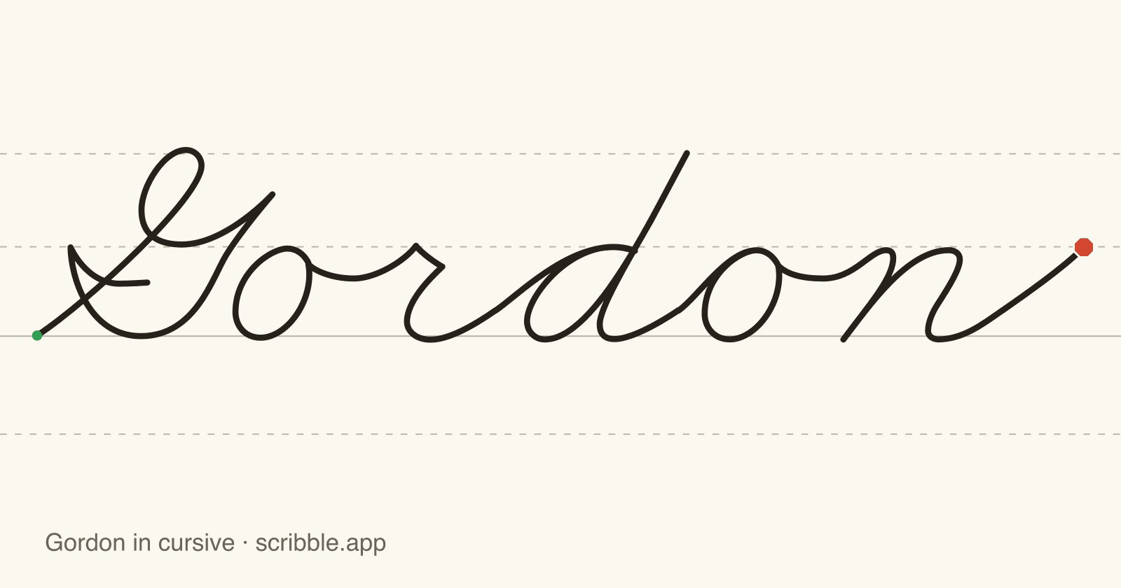 Gordon written in cursive on handwriting guidelines, with a green starting dot and a red stop sign