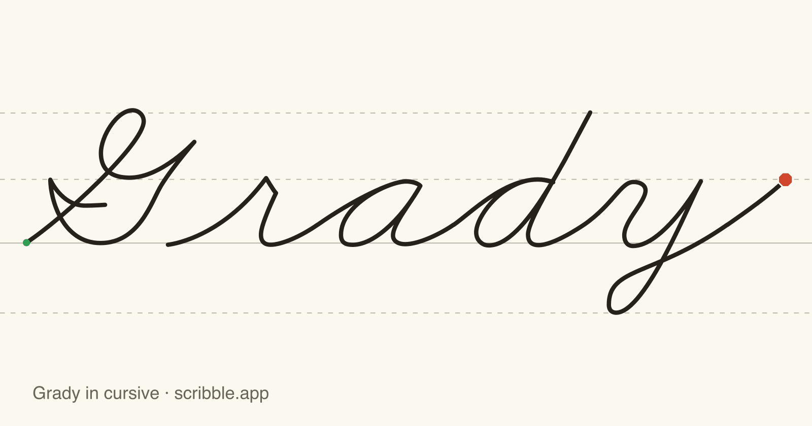 Grady written in cursive on handwriting guidelines, with a green starting dot and a red stop sign