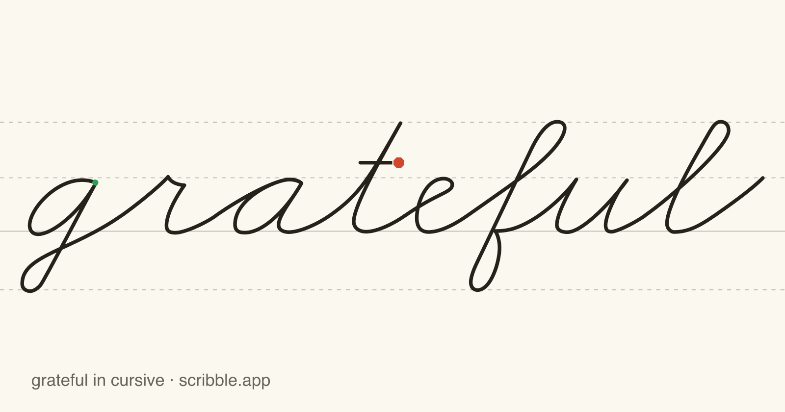 grateful written in cursive on handwriting guidelines, with a green starting dot and a red stop sign