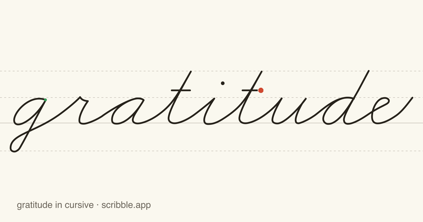 gratitude written in cursive on handwriting guidelines, with a green starting dot and a red stop sign
