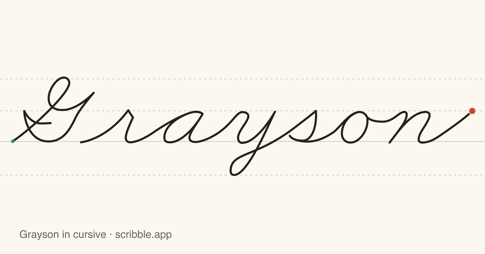 Grayson written in cursive on handwriting guidelines, with a green starting dot and a red stop sign