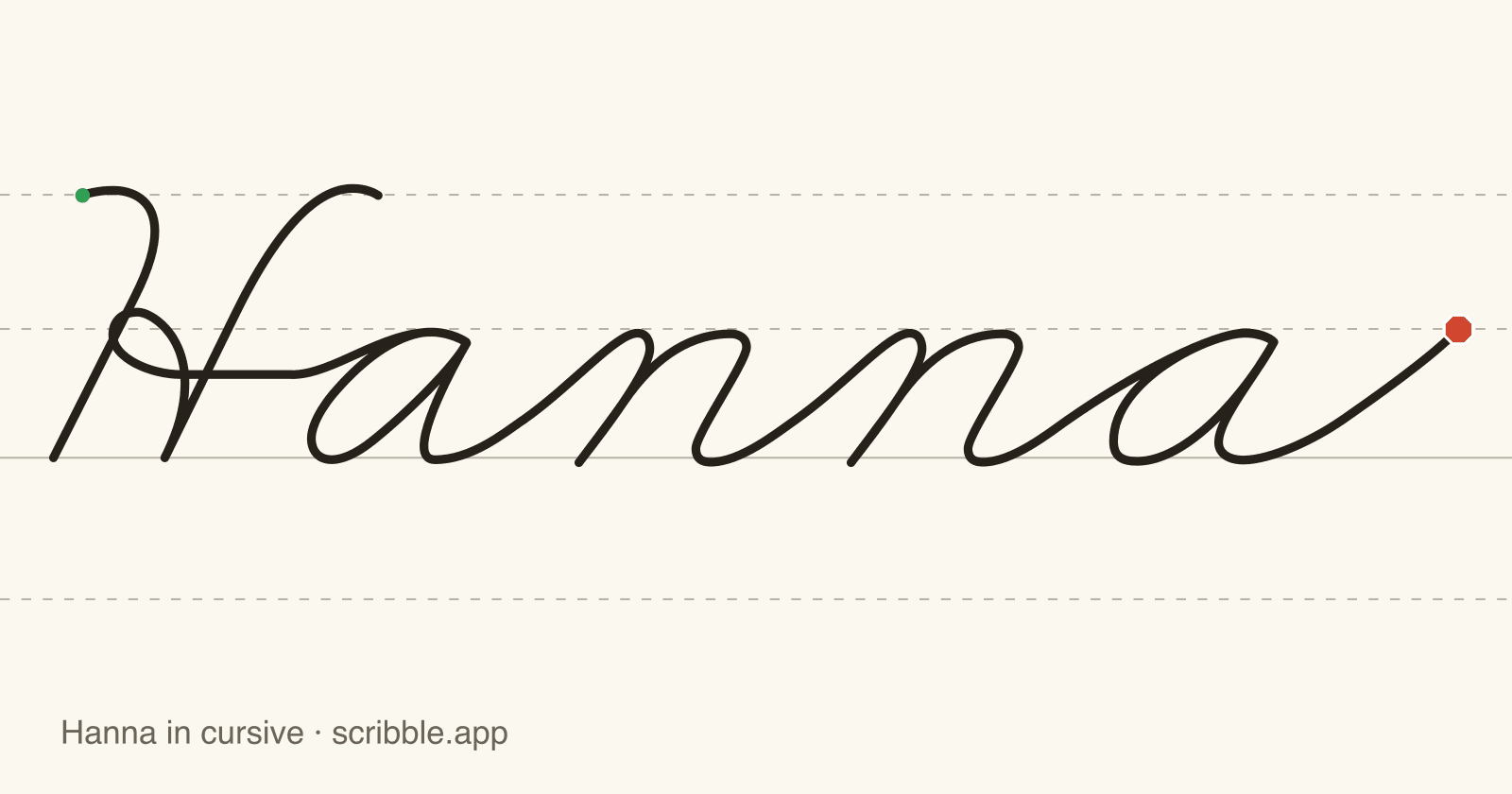 Hanna written in cursive on handwriting guidelines, with a green starting dot and a red stop sign
