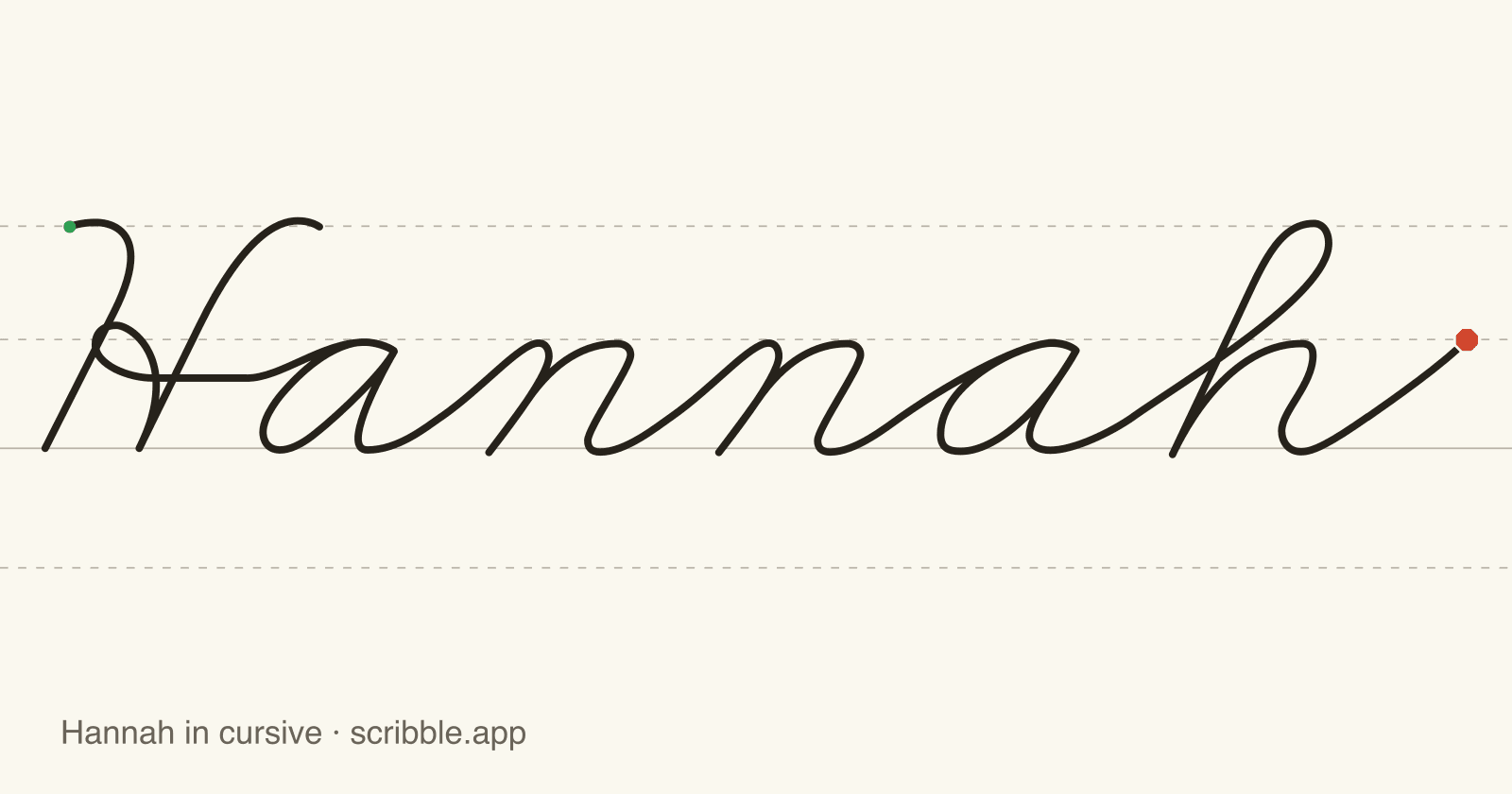 Hannah written in cursive on handwriting guidelines, with a green starting dot and a red stop sign