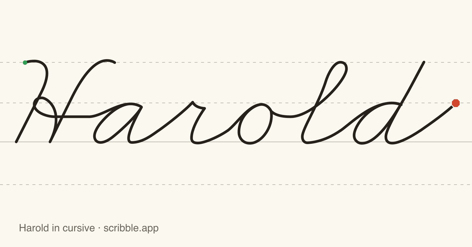 Harold written in cursive on handwriting guidelines, with a green starting dot and a red stop sign