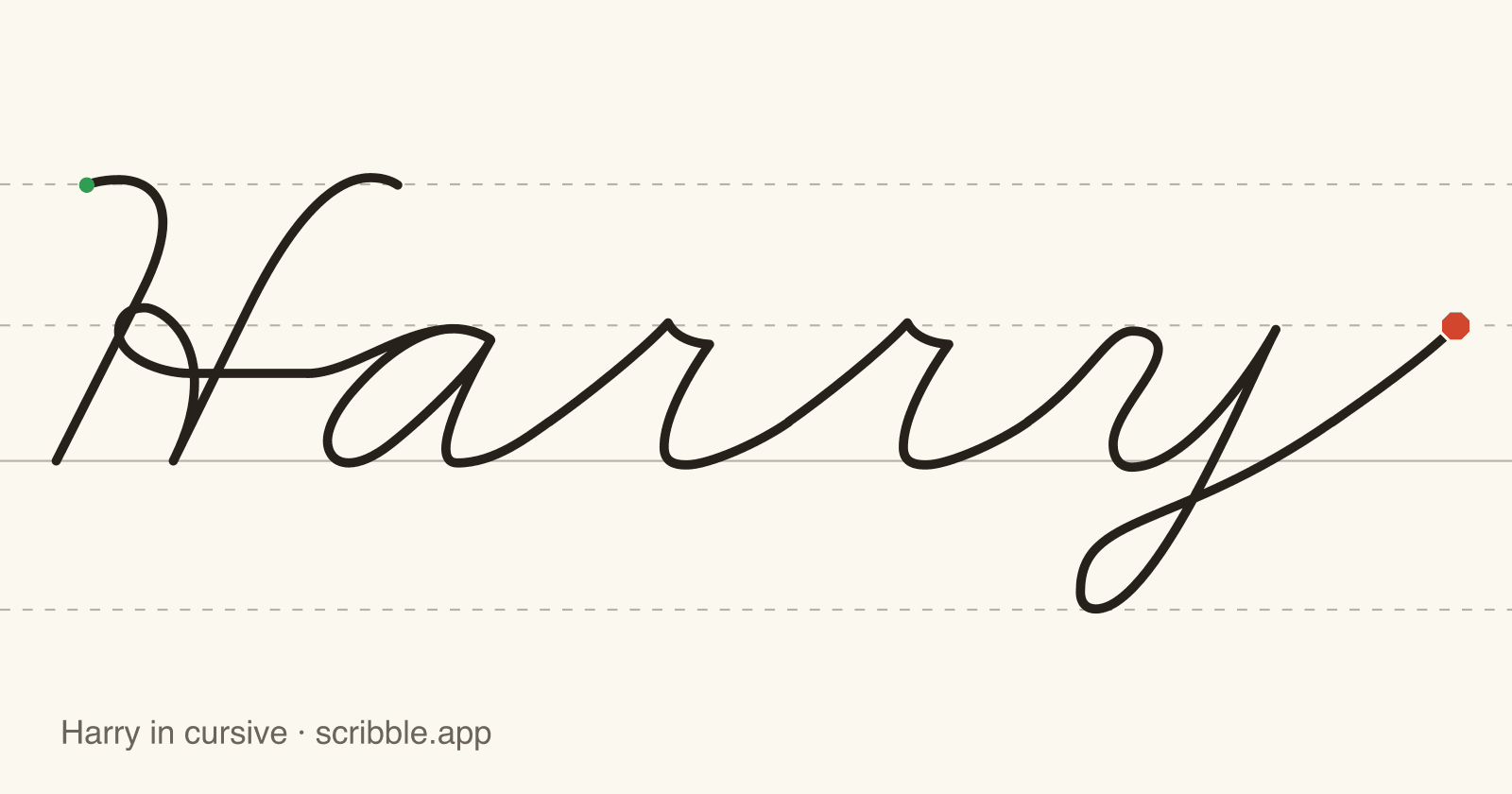 Harry written in cursive on handwriting guidelines, with a green starting dot and a red stop sign