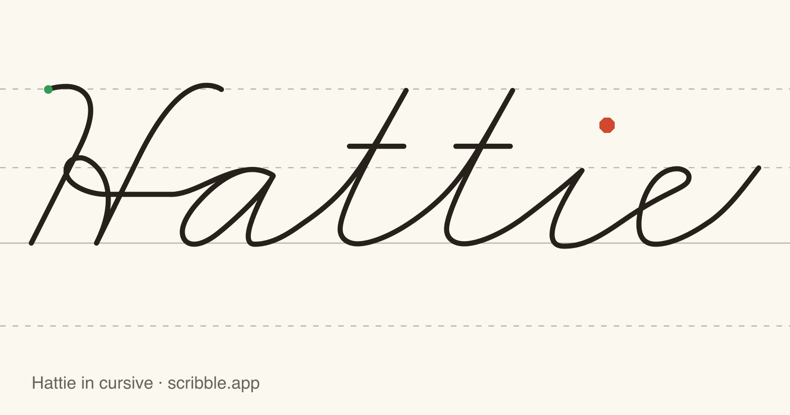 Hattie written in cursive on handwriting guidelines, with a green starting dot and a red stop sign