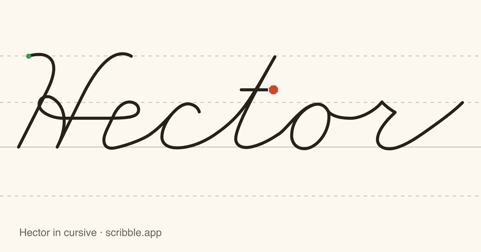 Hector written in cursive on handwriting guidelines, with a green starting dot and a red stop sign
