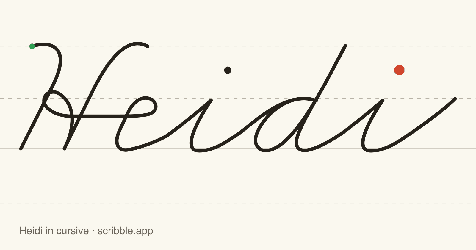 Heidi written in cursive on handwriting guidelines, with a green starting dot and a red stop sign