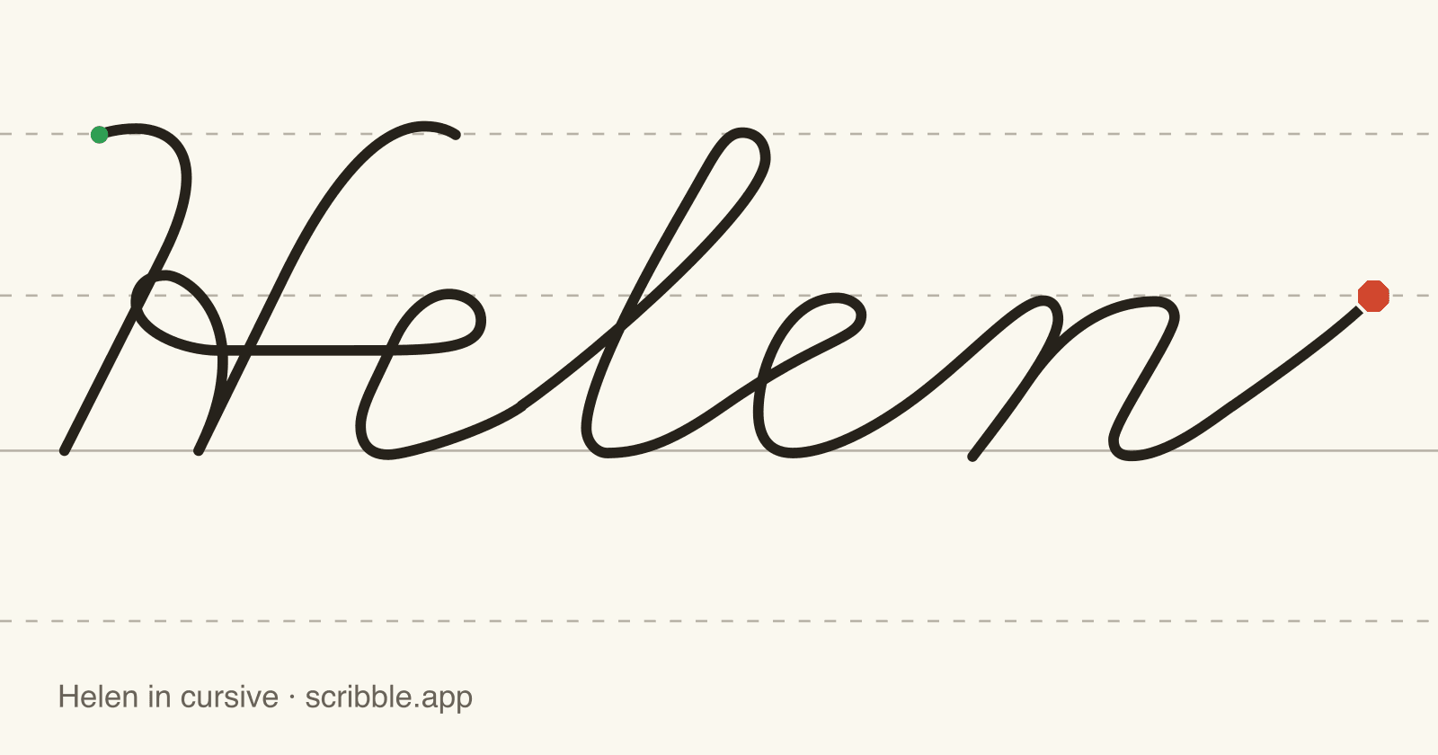 Helen written in cursive on handwriting guidelines, with a green starting dot and a red stop sign