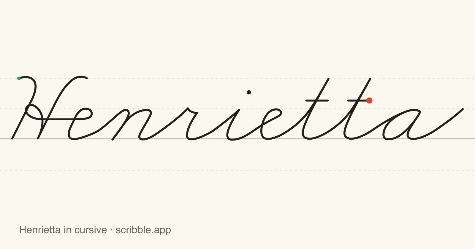 Henrietta written in cursive on handwriting guidelines, with a green starting dot and a red stop sign