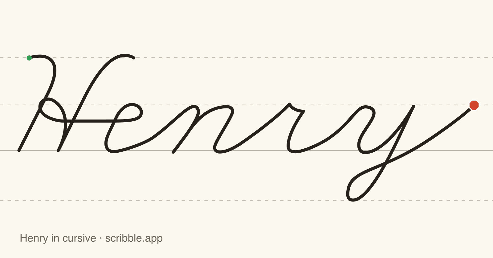 Henry written in cursive on handwriting guidelines, with a green starting dot and a red stop sign