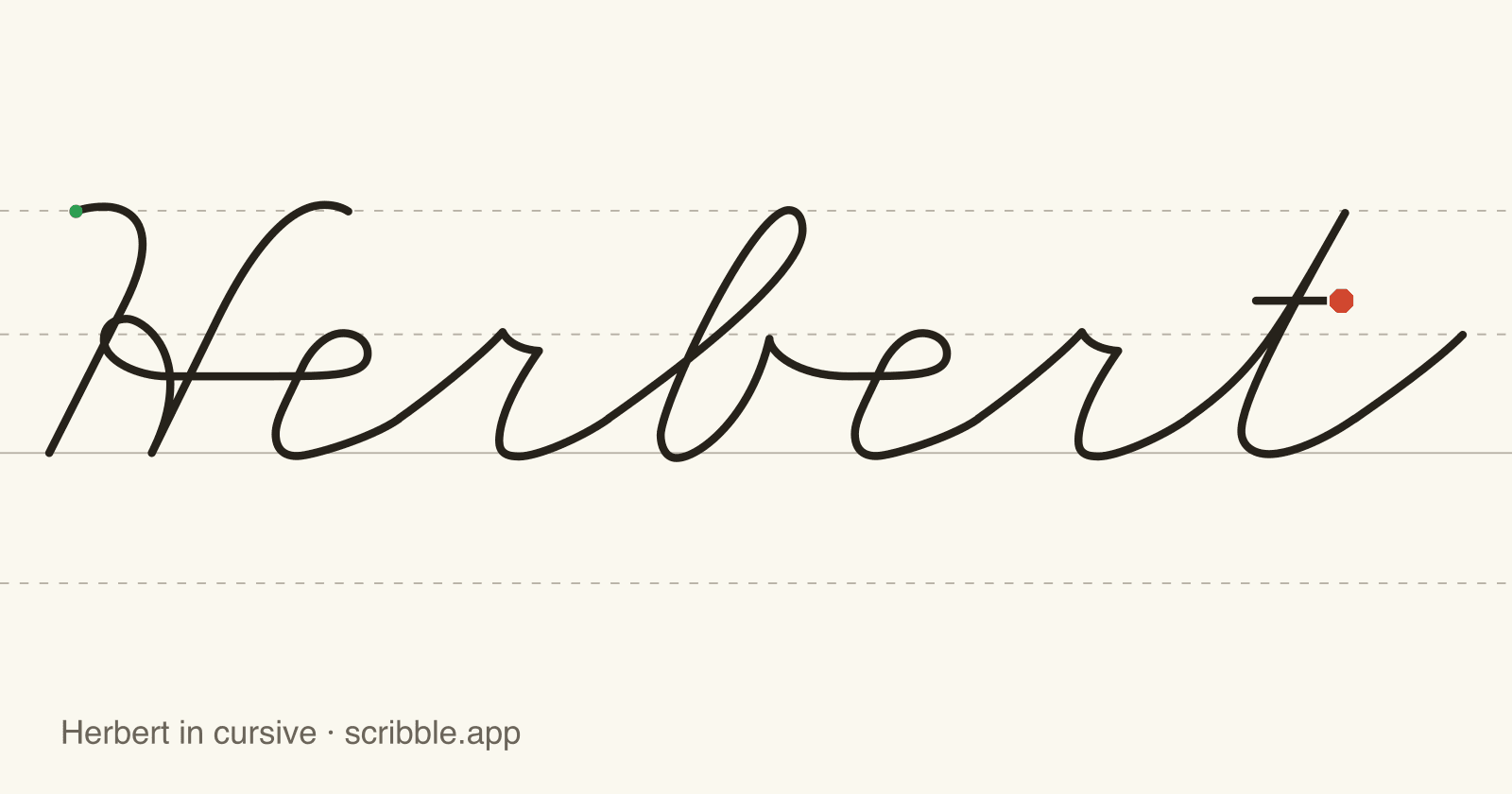 Herbert written in cursive on handwriting guidelines, with a green starting dot and a red stop sign