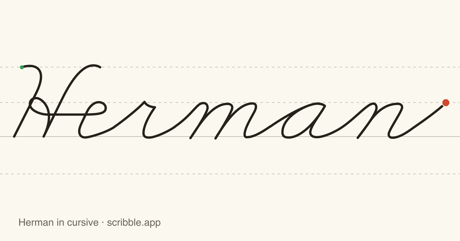 Herman written in cursive on handwriting guidelines, with a green starting dot and a red stop sign