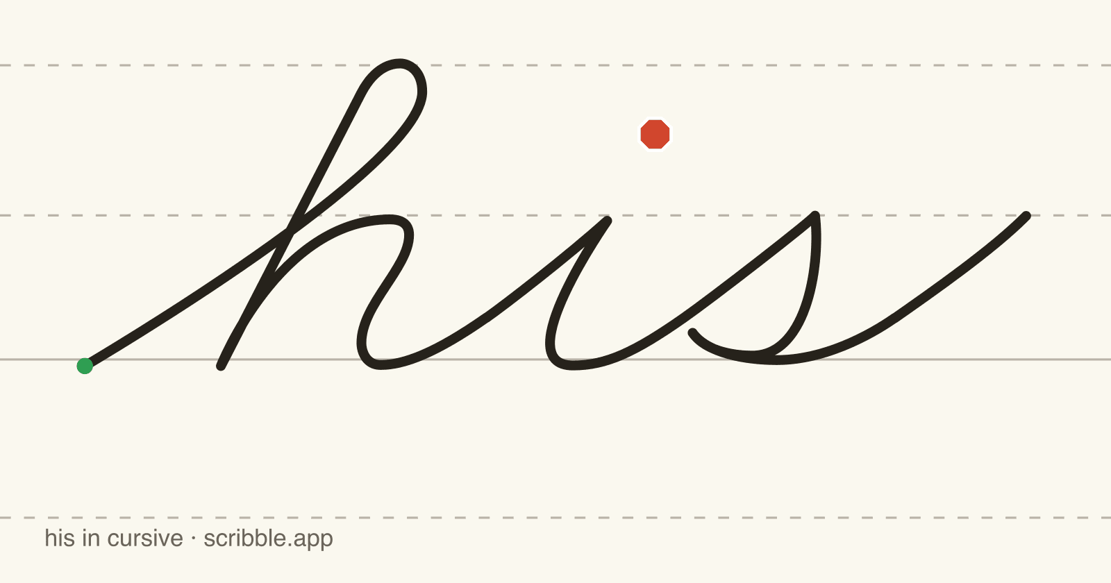 his written in cursive on handwriting guidelines, with a green starting dot and a red stop sign