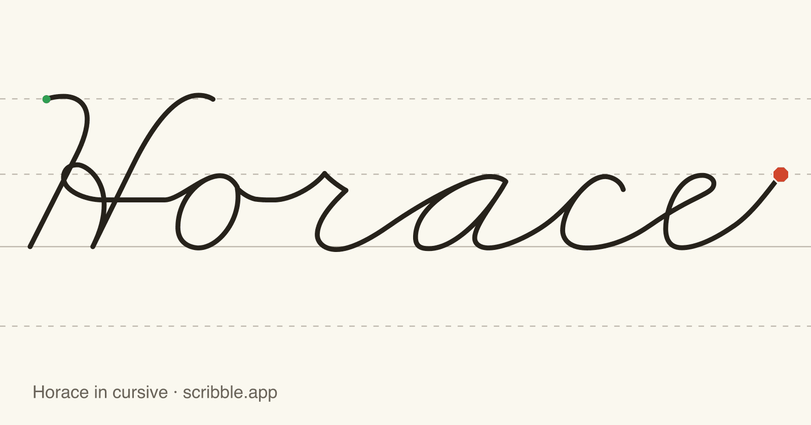 Horace written in cursive on handwriting guidelines, with a green starting dot and a red stop sign