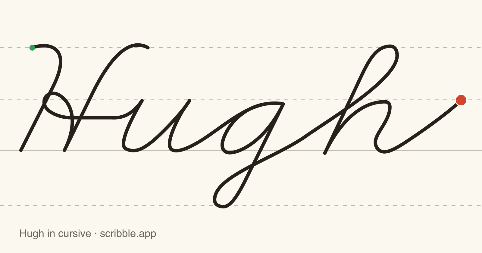 Hugh written in cursive on handwriting guidelines, with a green starting dot and a red stop sign