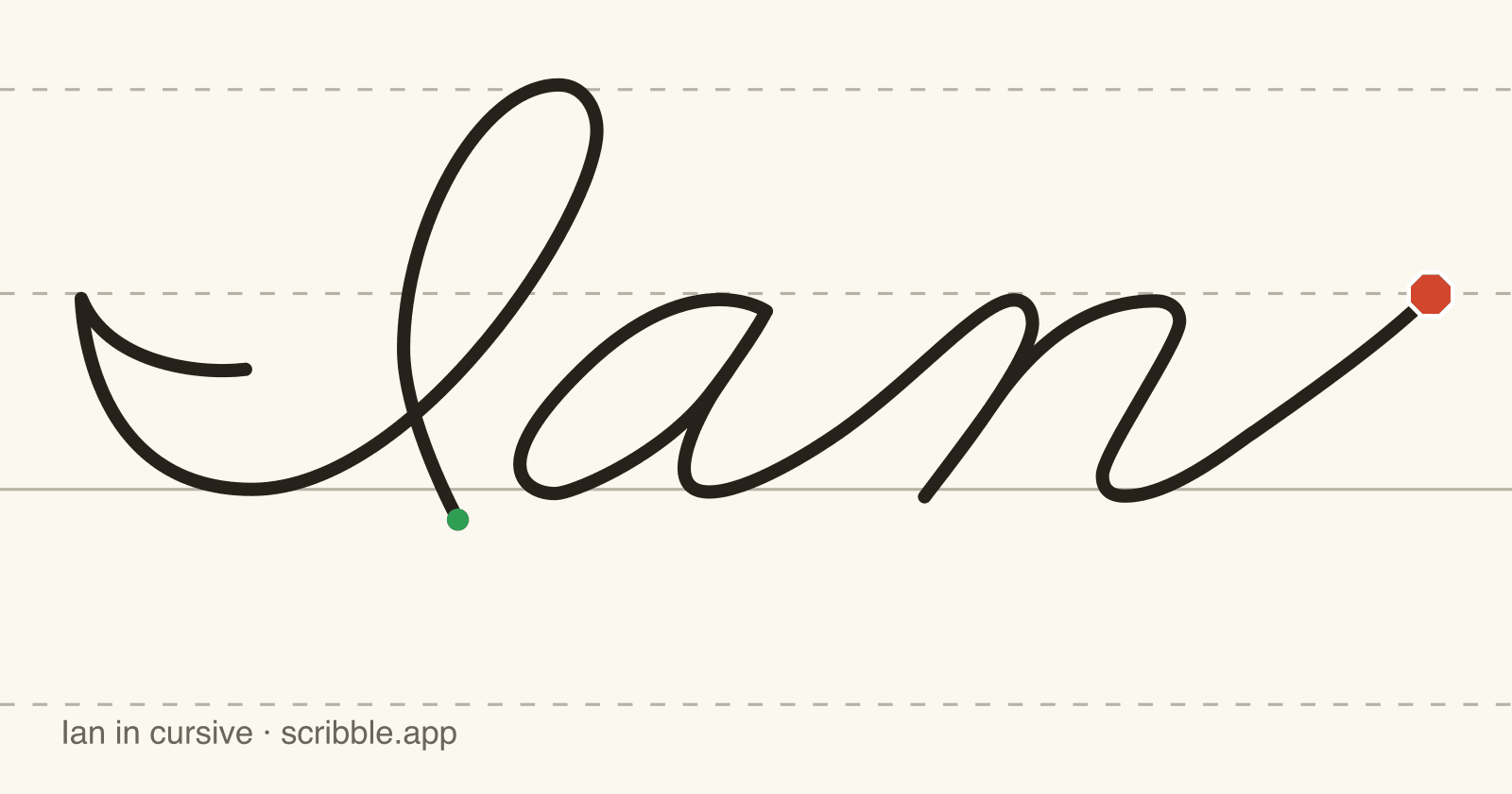 Ian written in cursive on handwriting guidelines, with a green starting dot and a red stop sign