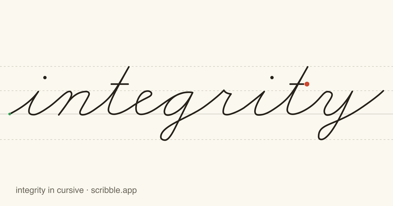 integrity written in cursive on handwriting guidelines, with a green starting dot and a red stop sign