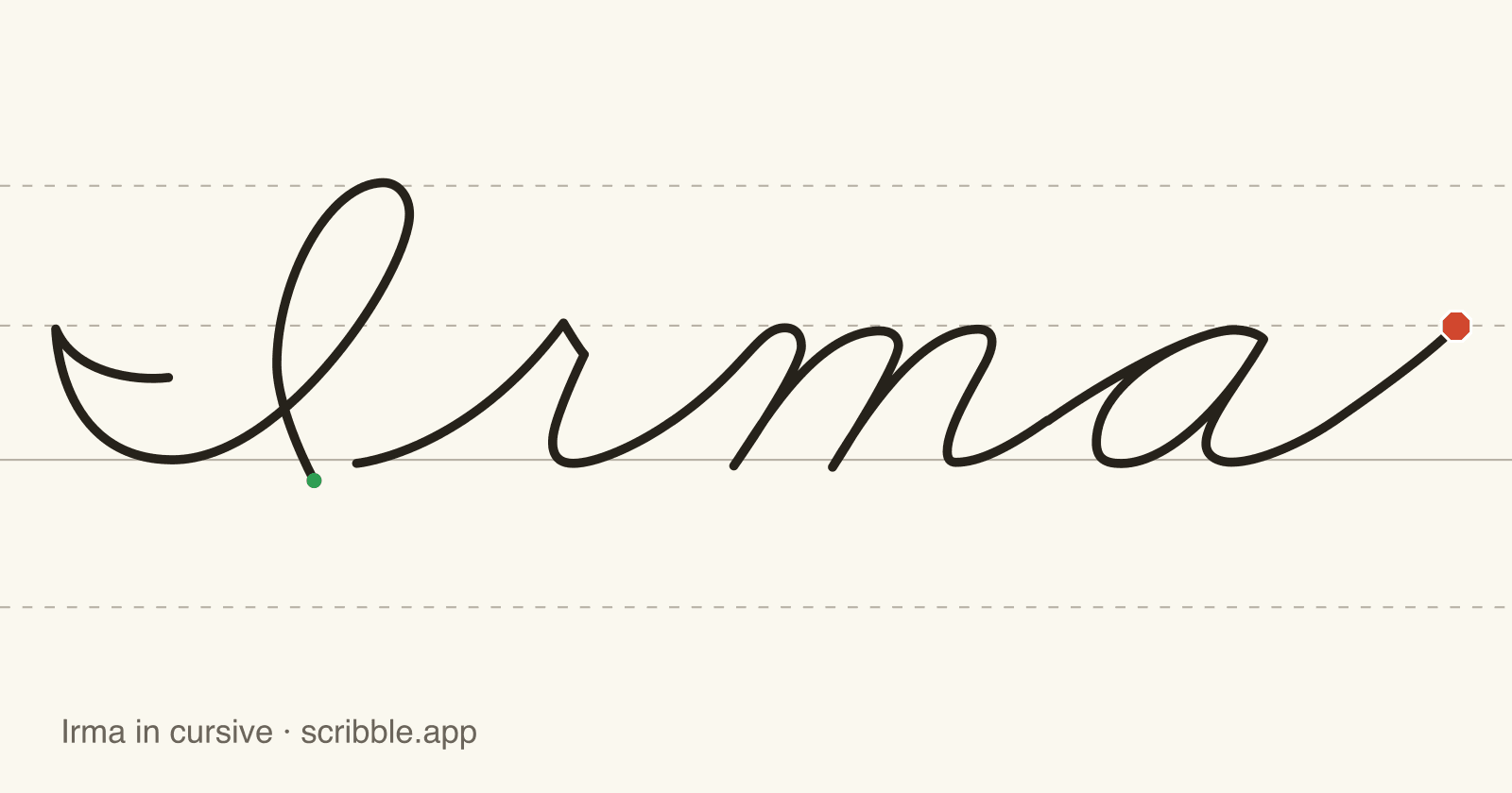 Irma written in cursive on handwriting guidelines, with a green starting dot and a red stop sign