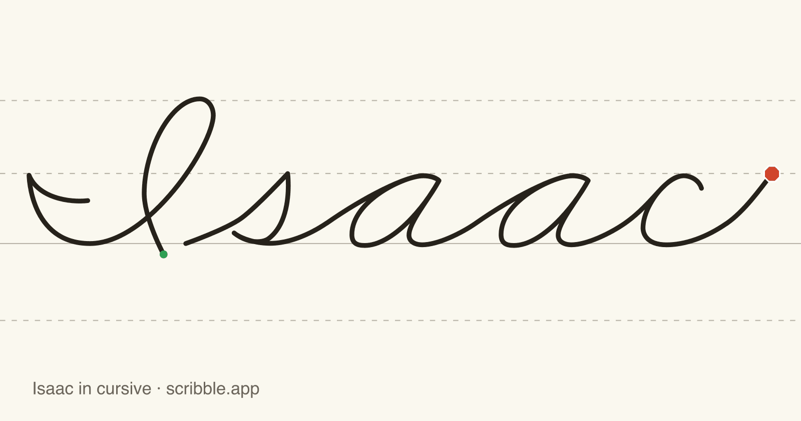 Isaac written in cursive on handwriting guidelines, with a green starting dot and a red stop sign