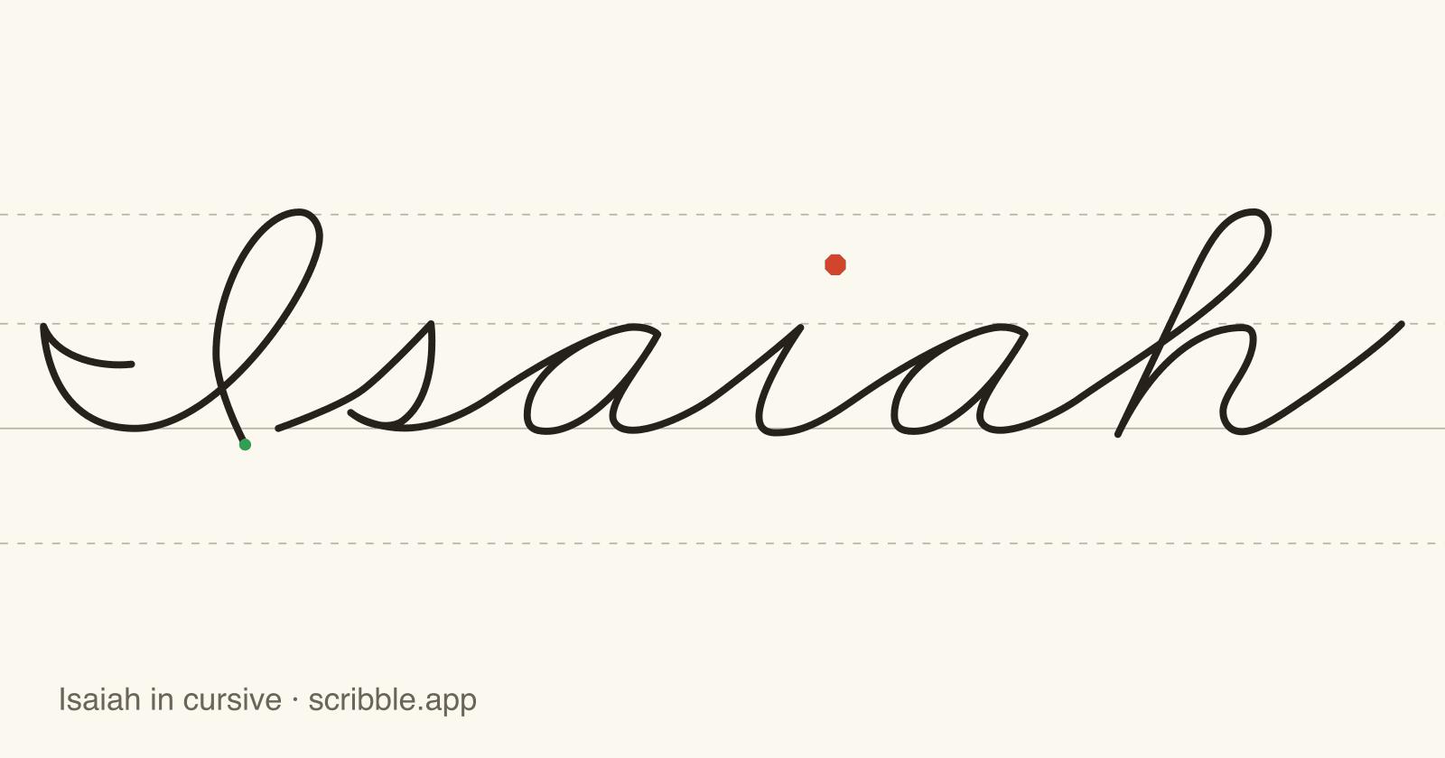 Isaiah written in cursive on handwriting guidelines, with a green starting dot and a red stop sign