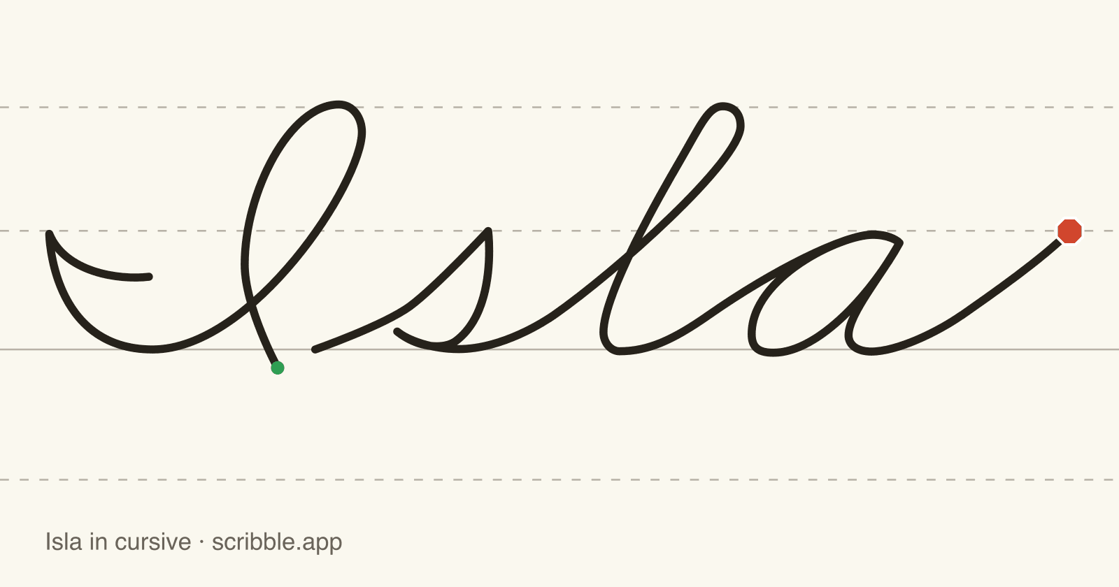 Isla written in cursive on handwriting guidelines, with a green starting dot and a red stop sign