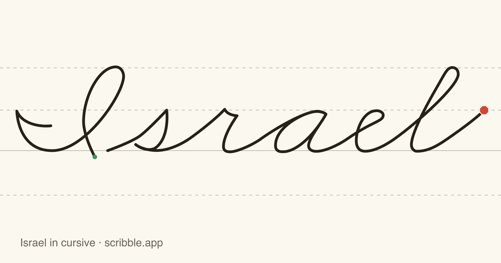 Israel written in cursive on handwriting guidelines, with a green starting dot and a red stop sign
