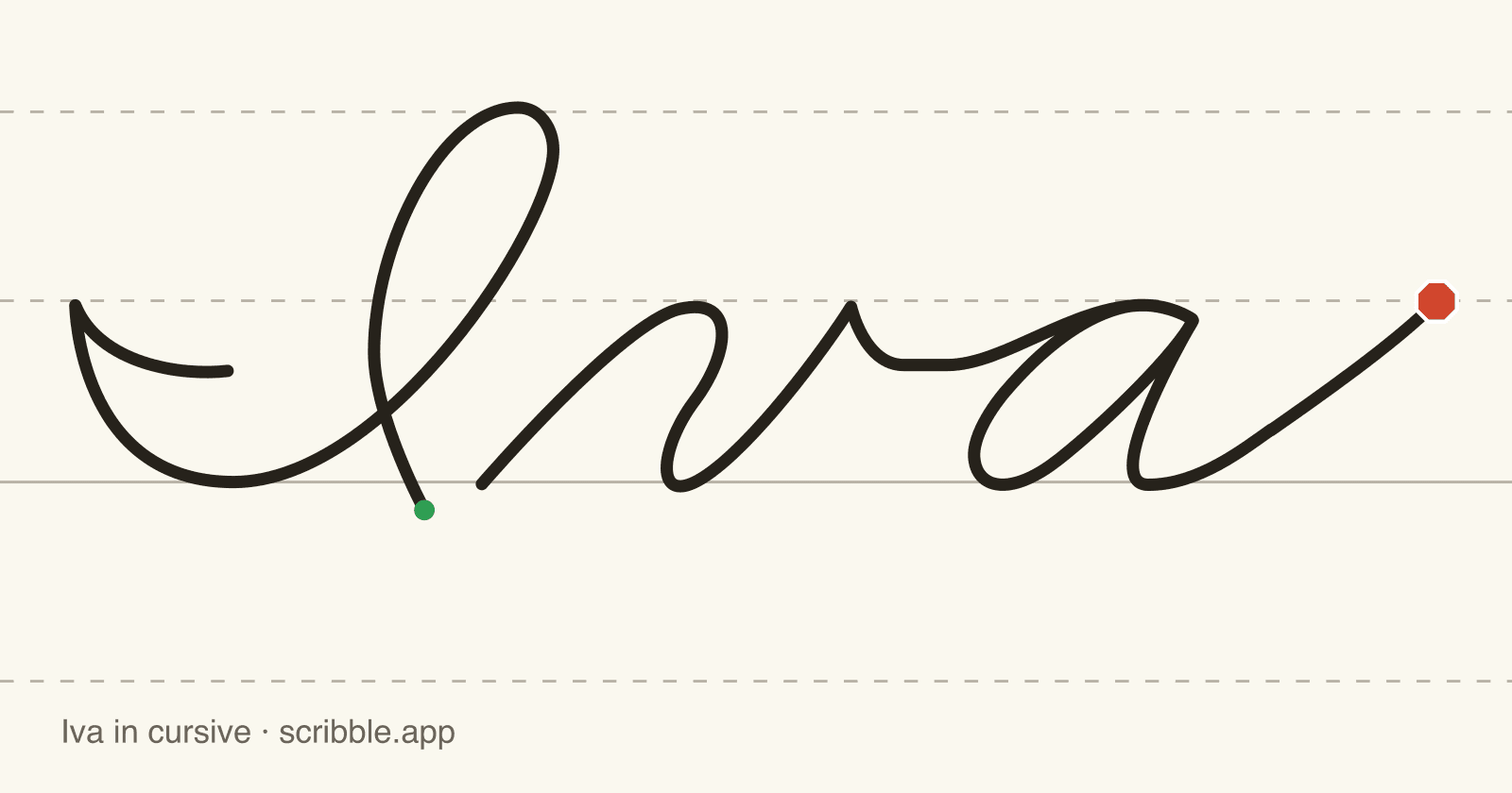 Iva written in cursive on handwriting guidelines, with a green starting dot and a red stop sign