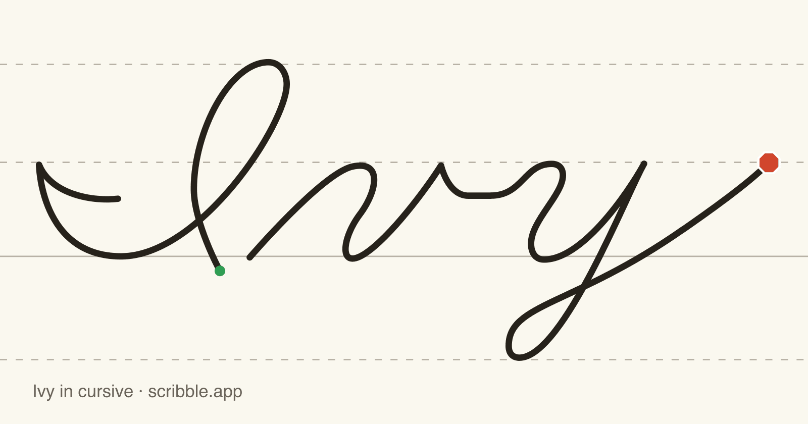 Ivy written in cursive on handwriting guidelines, with a green starting dot and a red stop sign