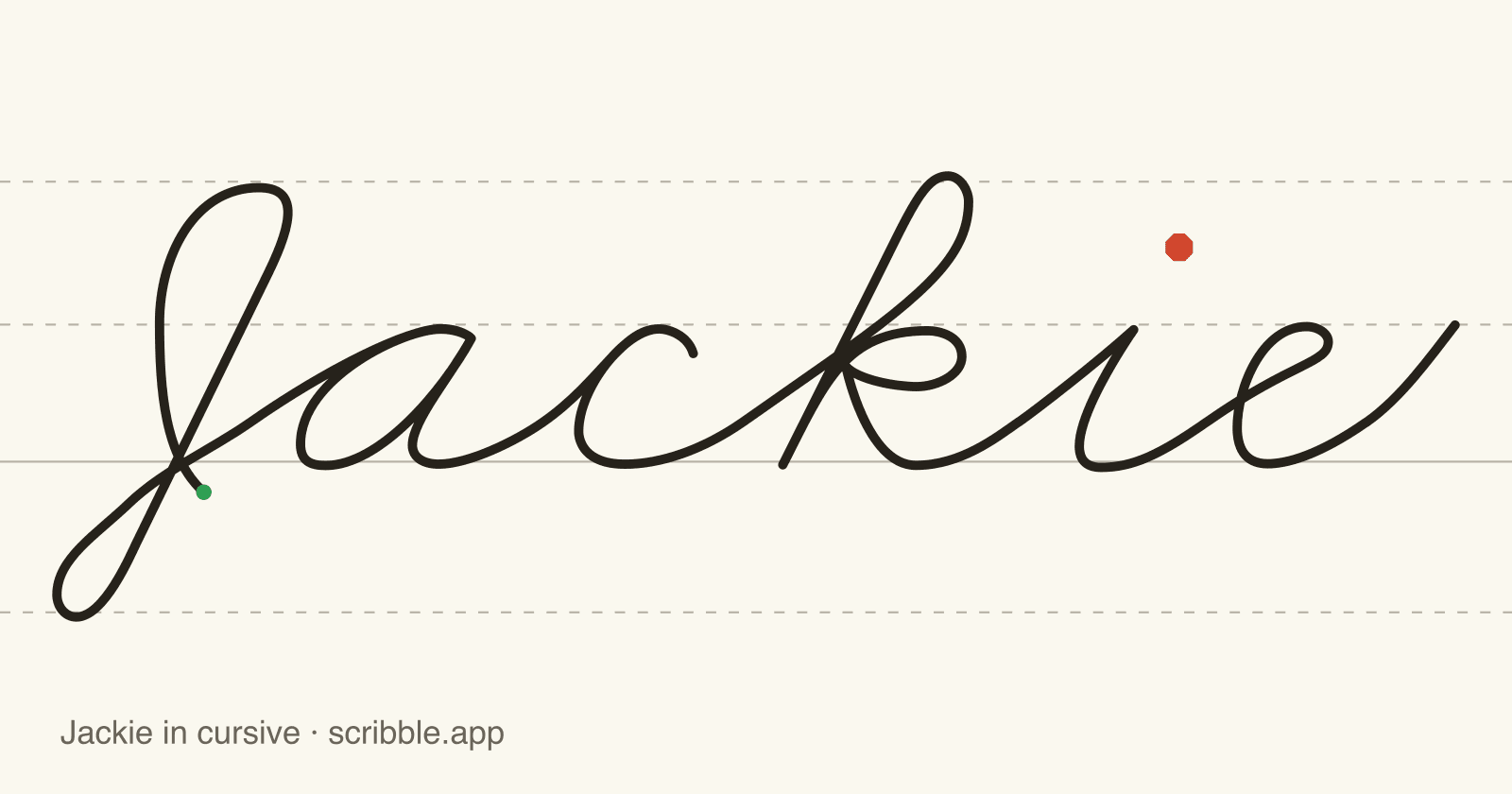 Jackie written in cursive on handwriting guidelines, with a green starting dot and a red stop sign