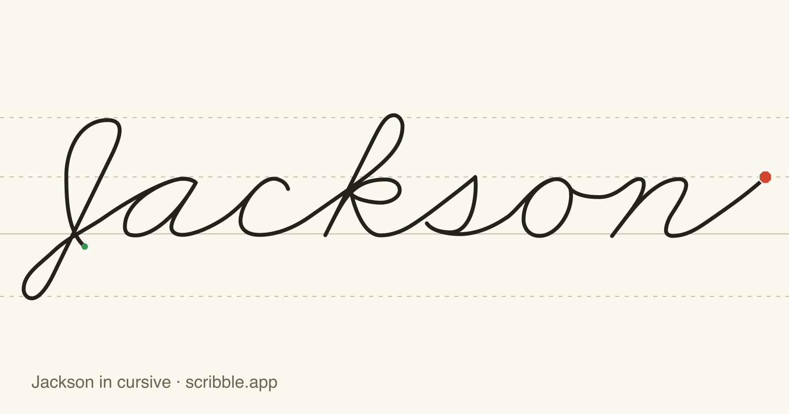 Jackson written in cursive on handwriting guidelines, with a green starting dot and a red stop sign