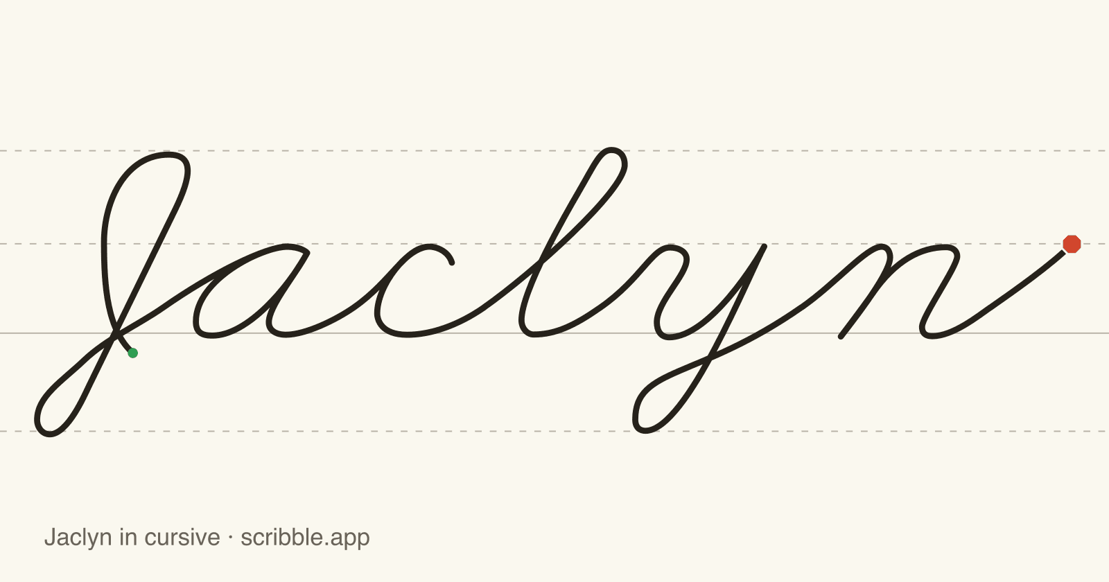 Jaclyn written in cursive on handwriting guidelines, with a green starting dot and a red stop sign