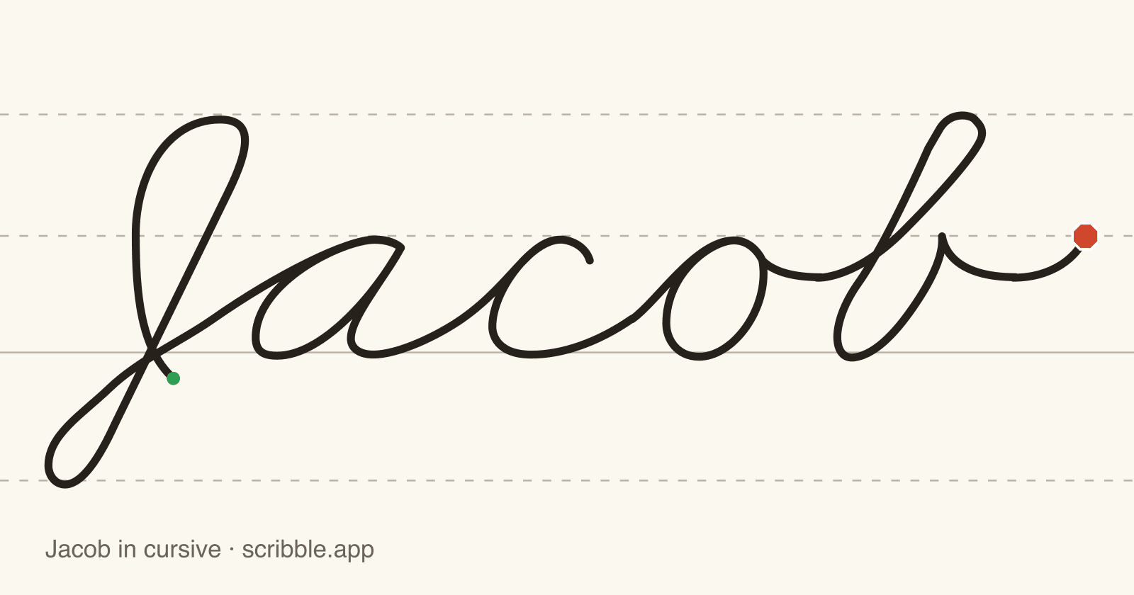 Jacob written in cursive on handwriting guidelines, with a green starting dot and a red stop sign