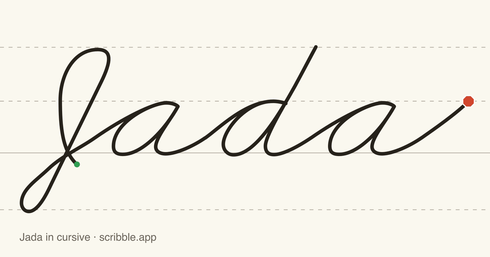 Jada written in cursive on handwriting guidelines, with a green starting dot and a red stop sign