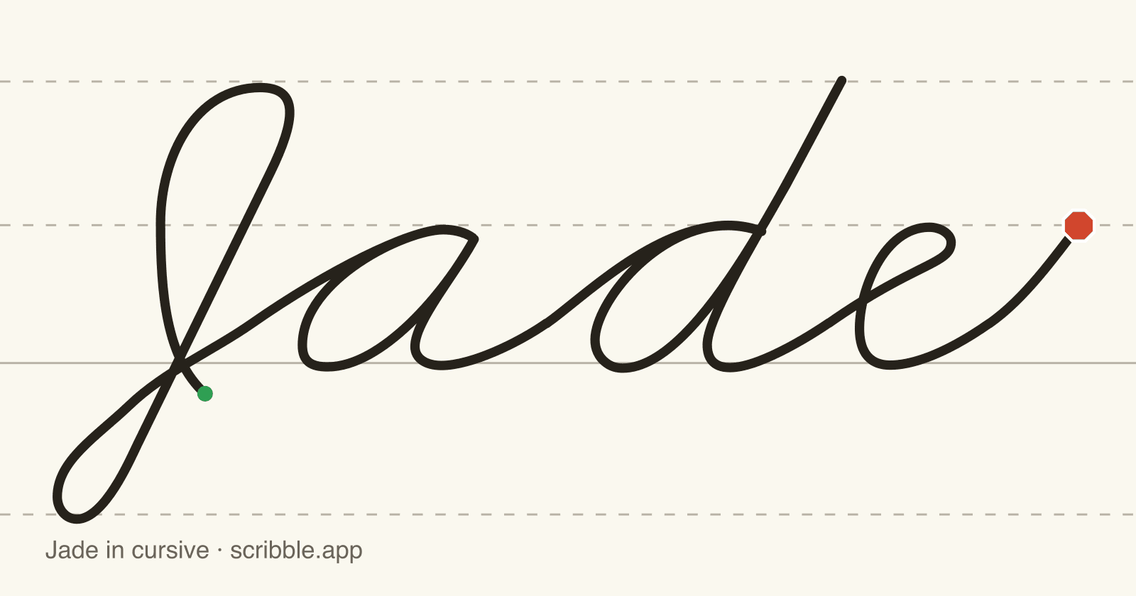 Jade written in cursive on handwriting guidelines, with a green starting dot and a red stop sign