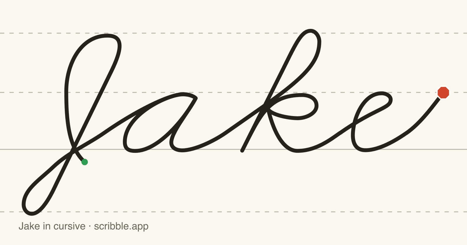 Jake written in cursive on handwriting guidelines, with a green starting dot and a red stop sign
