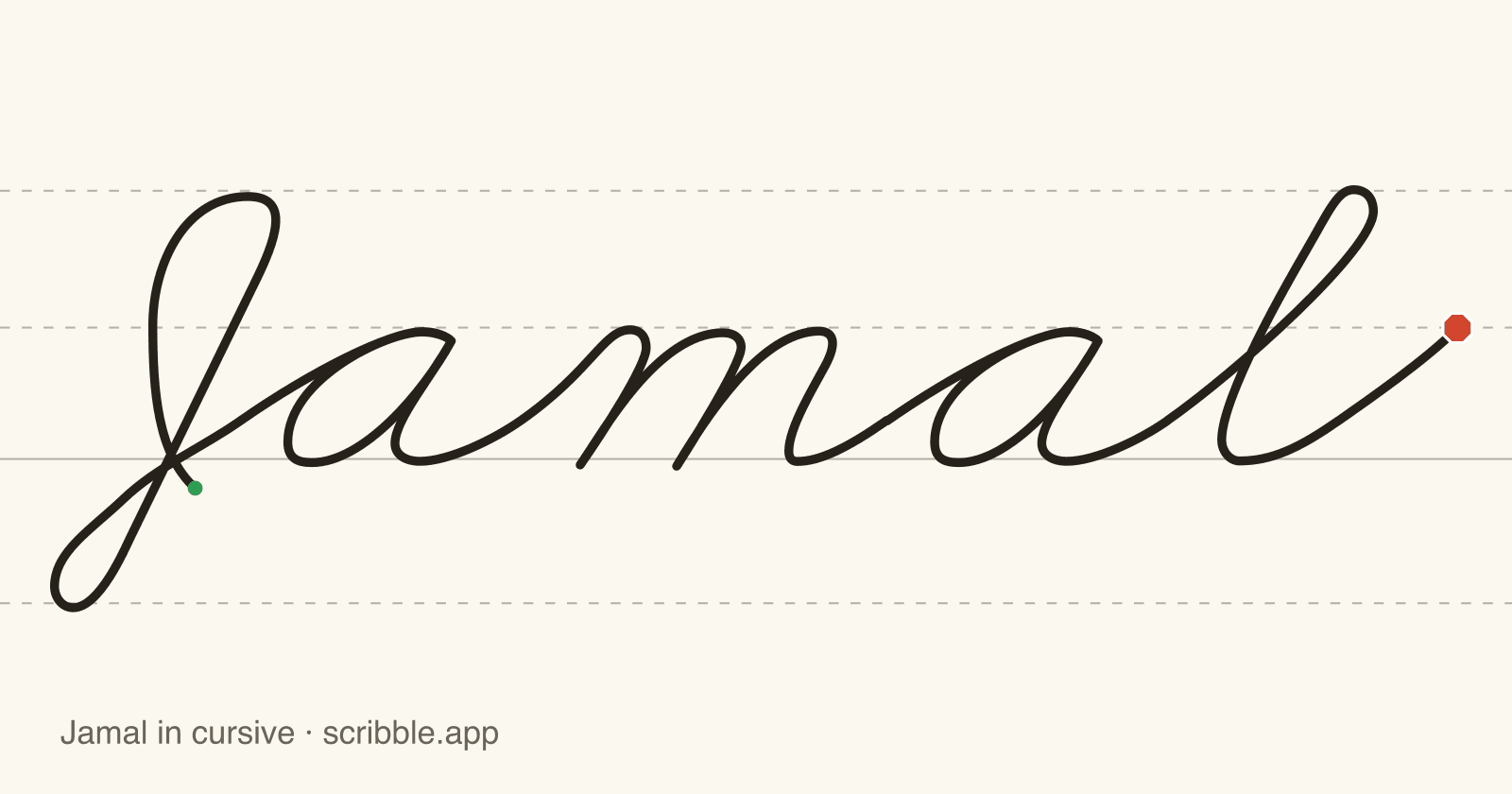 Jamal written in cursive on handwriting guidelines, with a green starting dot and a red stop sign