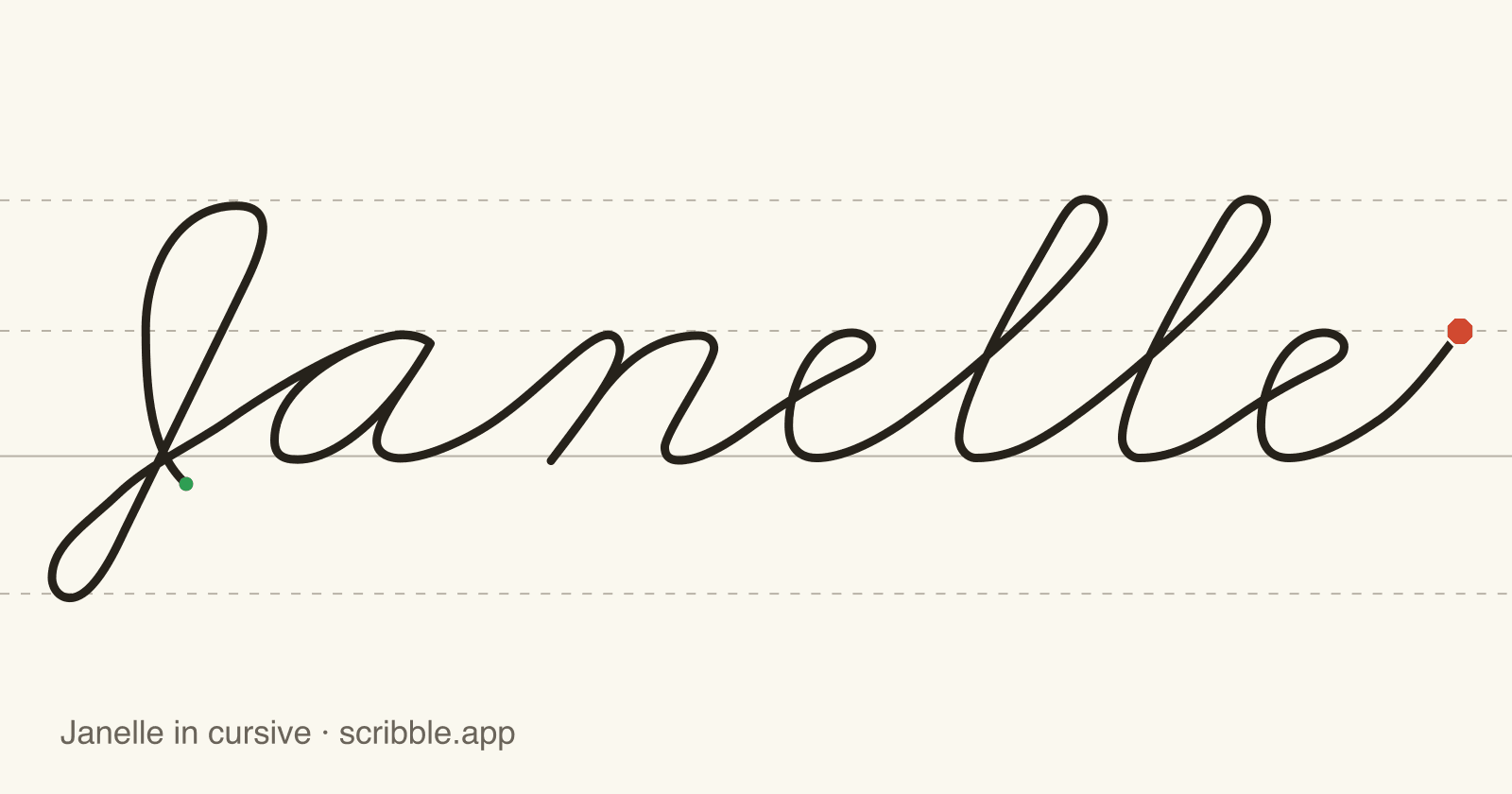 Janelle written in cursive on handwriting guidelines, with a green starting dot and a red stop sign
