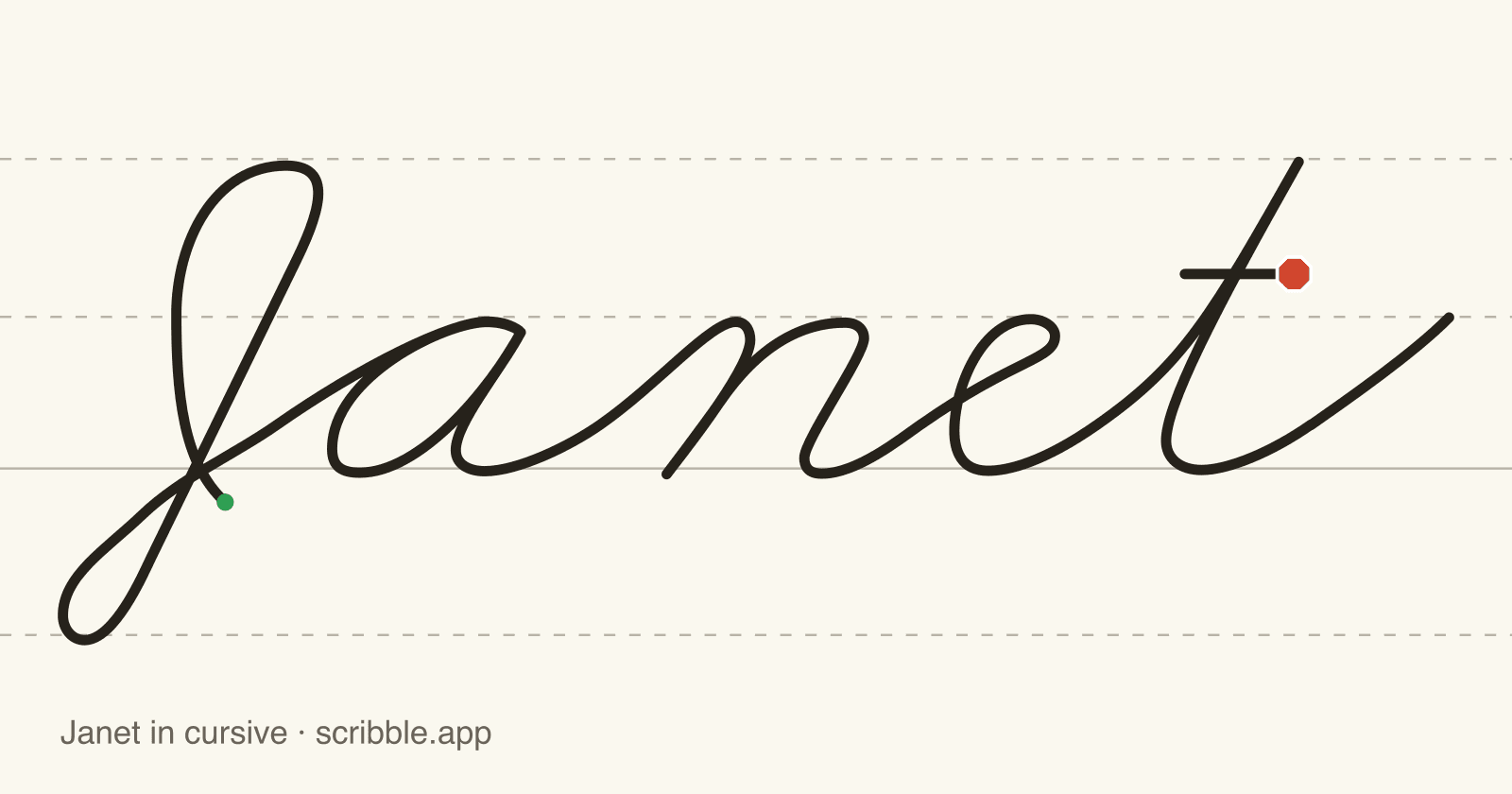 Janet written in cursive on handwriting guidelines, with a green starting dot and a red stop sign
