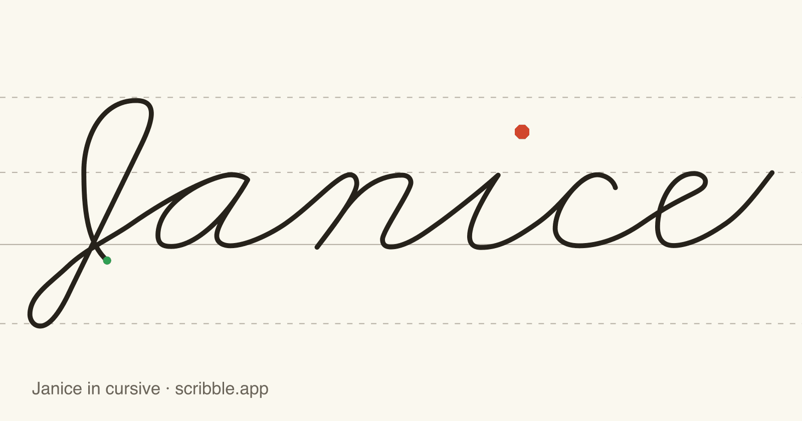 Janice written in cursive on handwriting guidelines, with a green starting dot and a red stop sign